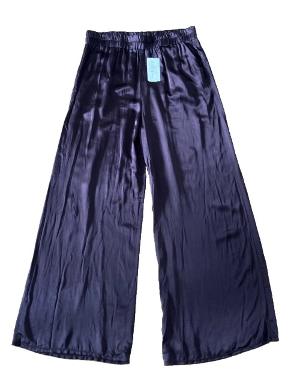 NWT Lanston M Wide Leg Satin Pants Black Plum Pull On Lounge Evening City Silky